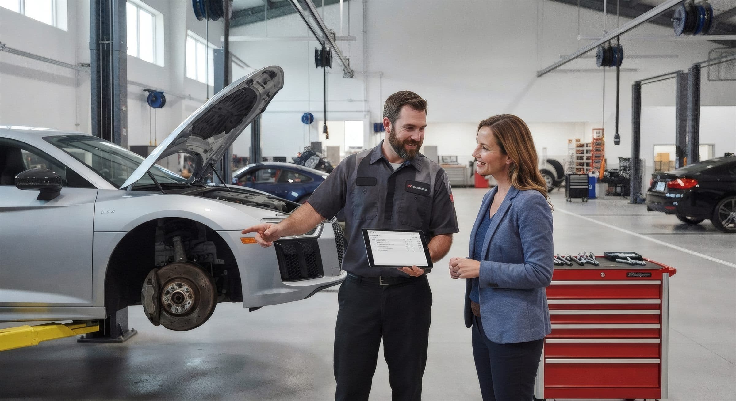 Praca przy hamulcach - inspiracja strony internetowej Warsztat Na Czas dla branży mechanik samochodowy w mieście Poznań. Detal techniczny daje klientowi poczucie konkretu i pokazuje, że oferta nie kończy się na pustych hasłach.